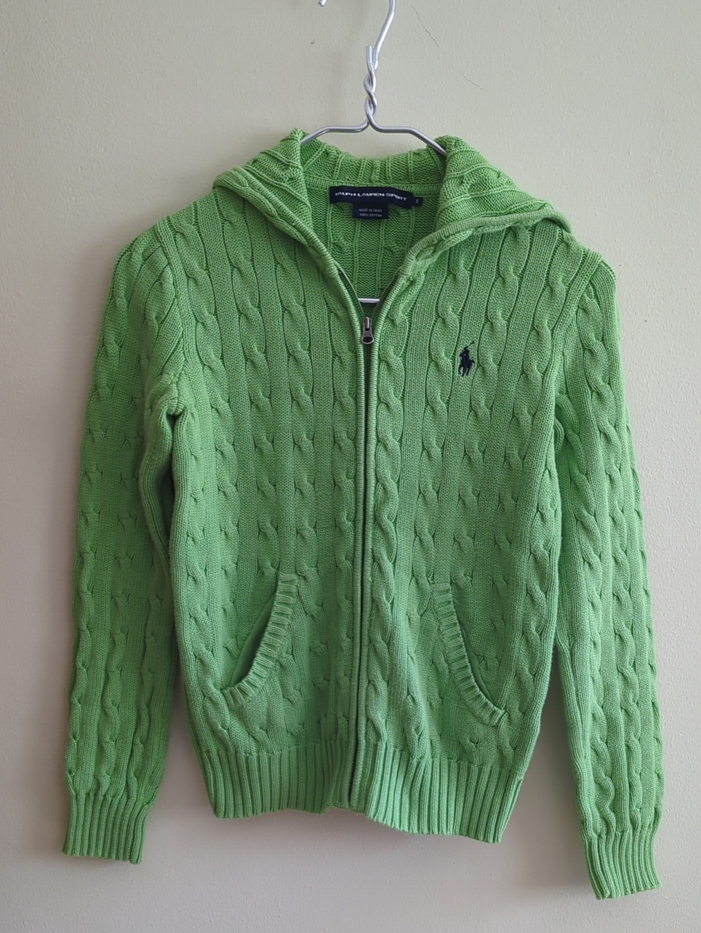Ralph Lauren Spots Lime Green Cable-Knit Zip Hoodie Size S